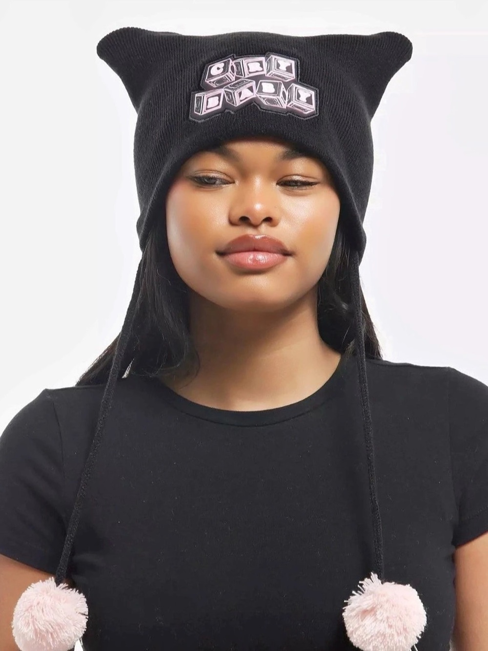 Melanie Martinez’s cry baby hat Black Cat-Ear Hat with Pink Pom-Poms Like New